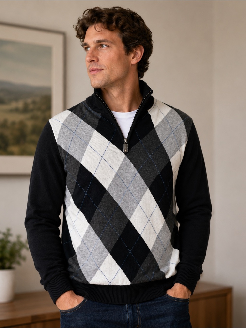 Old Navy Argyle Quarter Zip Sweater Men’s Medium Black Gray White Pullover